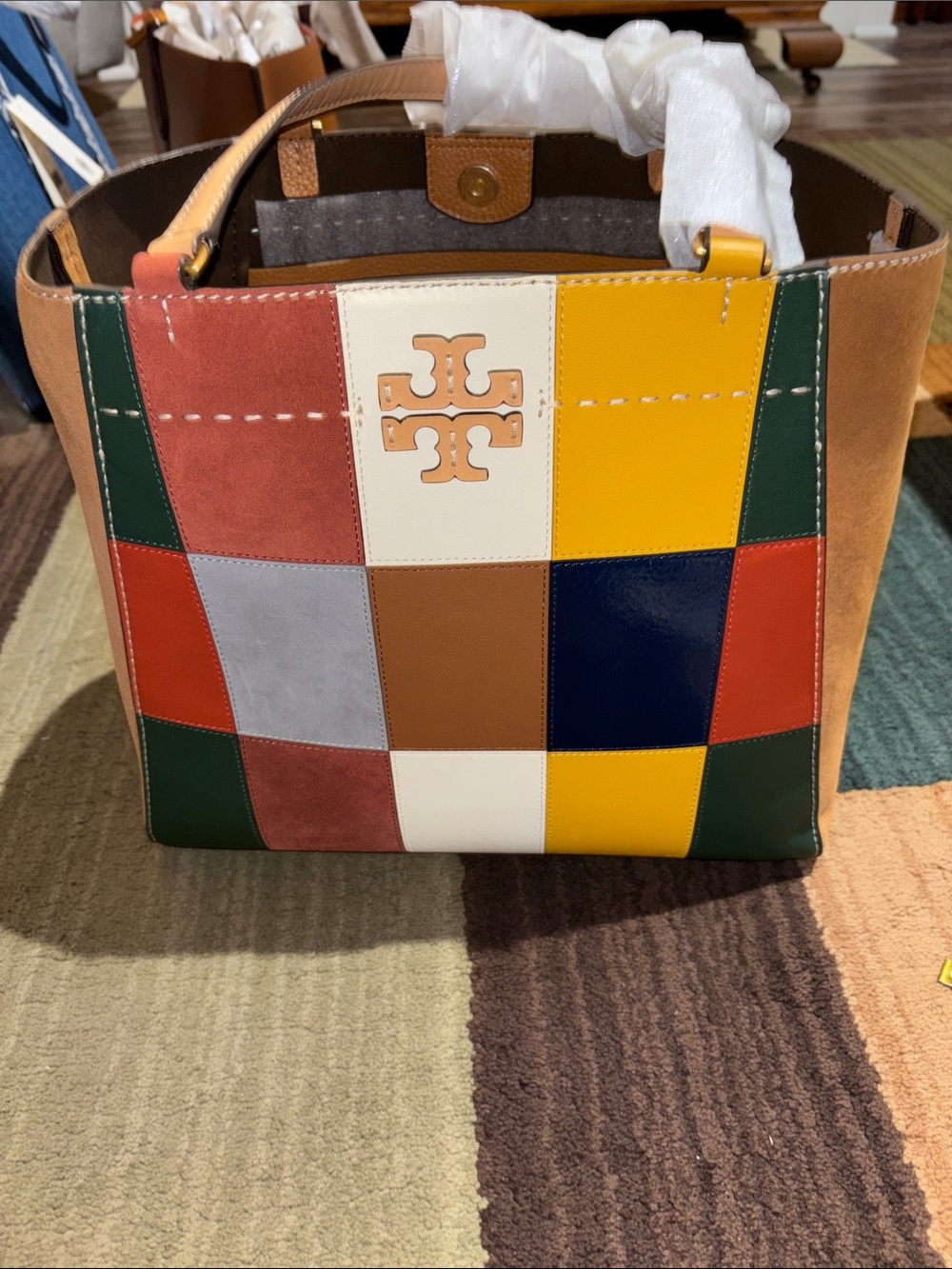 Tory Burch Multicolor Patchwork Tote with Logo Panel